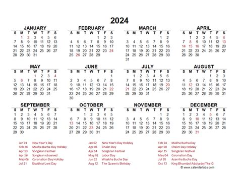 2024 CALENDAR WITH THAILAND HOLIDAYS PDF.
